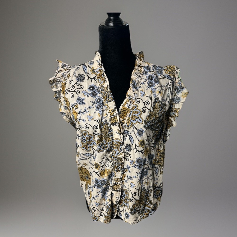 Elan Floral Ruffle‎ Trim Sleeveless Top Blouse Size Medium Cotton